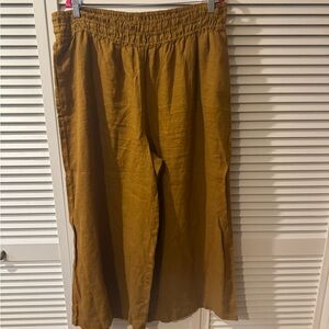 Anthropologie Dark Mustard Smocked Waist Linen Blend Wide Leg Crop Pants